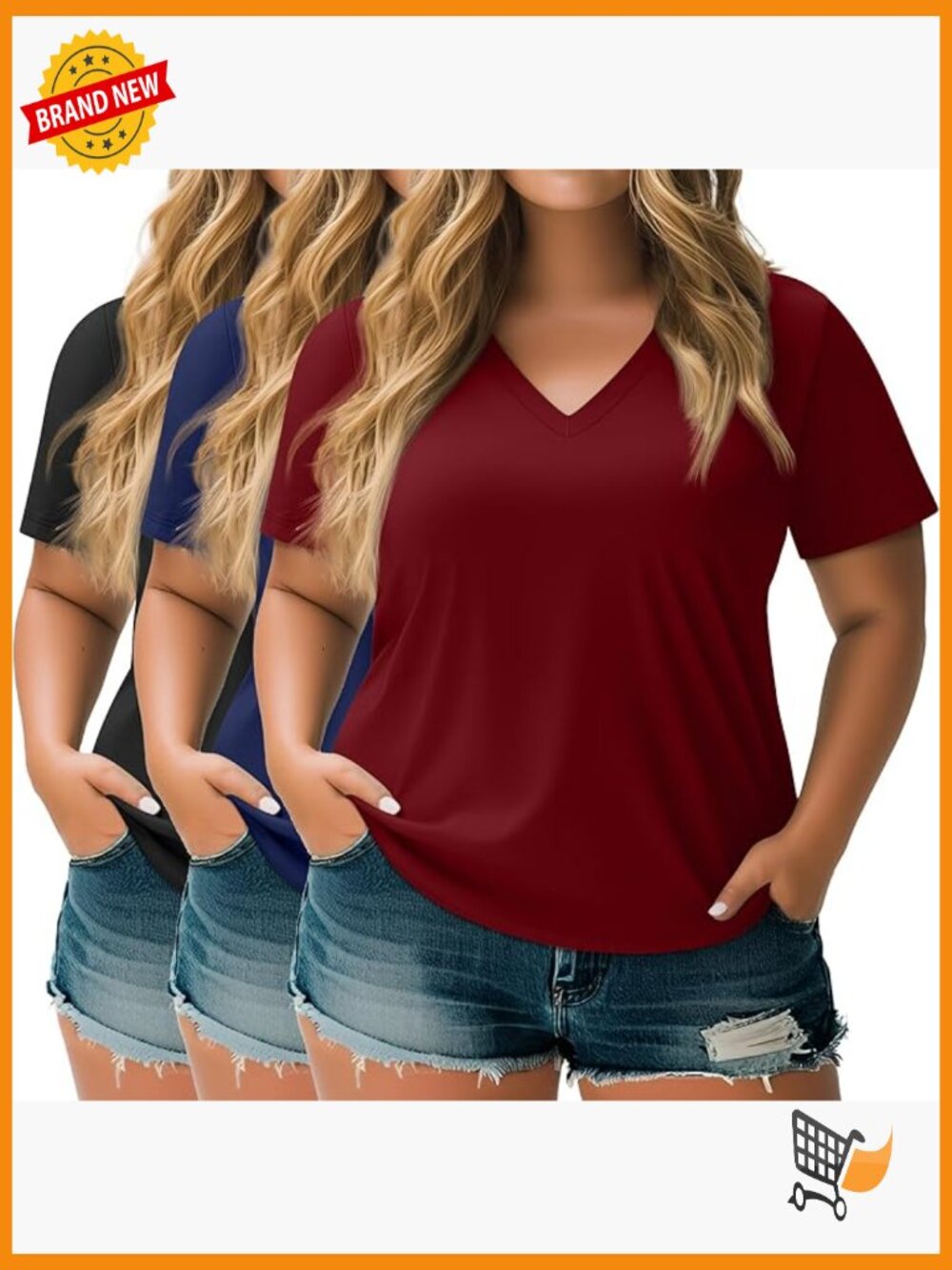 3 Pack Plus Size Short Sleeve V Neck T Shirts Loose Fit Tees